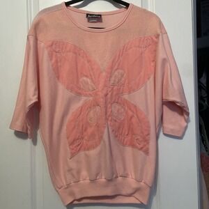Jordana Top Womens Vintage Small Pink Butterfly Applique Cotton Boxy Fit Mod